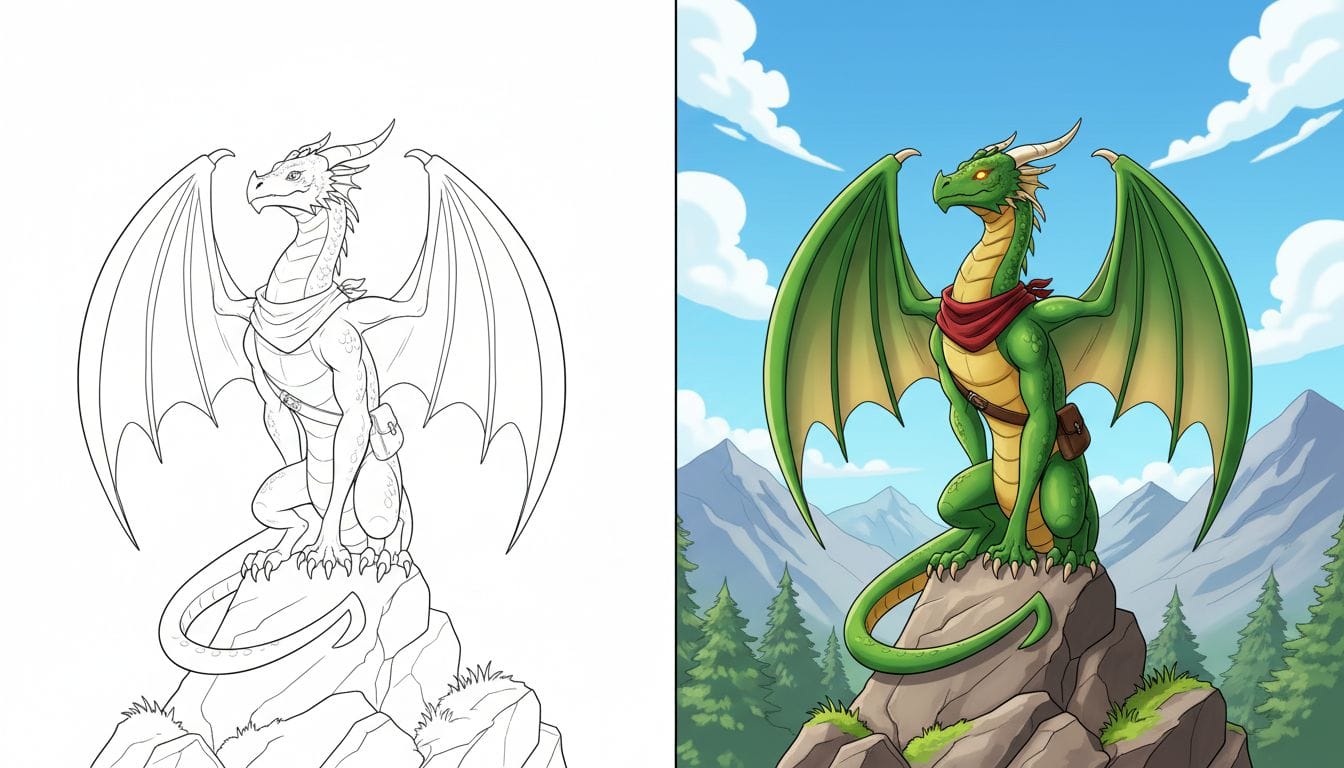 Coloriages de Dragon 1 Coloriage Dragon d'un jeune dragon perché, posé fièrement sur un rocher, page noir et blanc avec des contours épais.