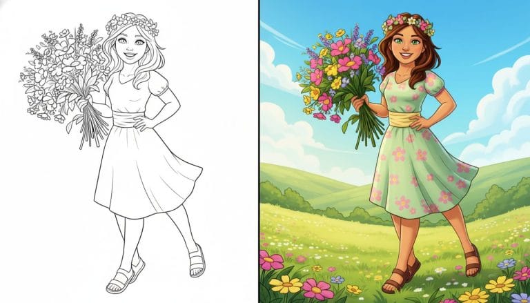 coloriage Fleurs d'une fille joyeuse tenant un bouquet sur fond blanc, avec des contours épais.