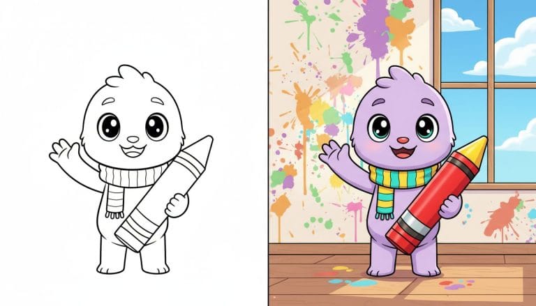 Coloriage Labubu se tient droit en saluant avec un crayon. Page de coloriage noir et blanc avec contours épais.