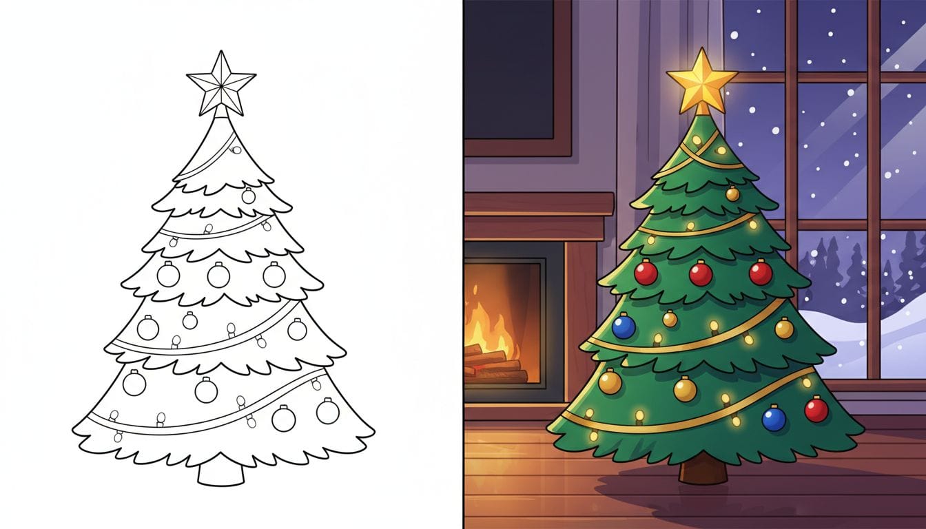 Coloriages de sapin 1 Coloriage de sapin avec décorations sur une page en noir et blanc, contours épais.