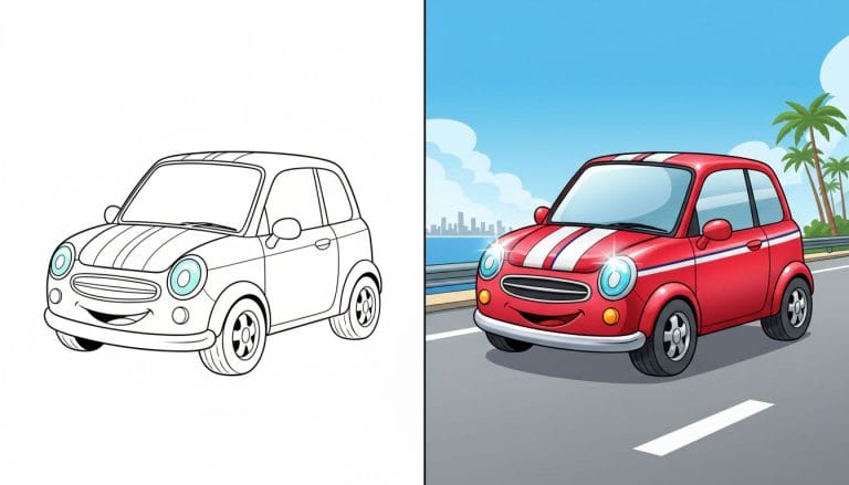 Coloriage de voiture avec une voiture souriante en noir et blanc et des contours épais.