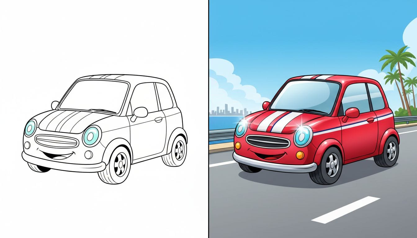 Coloriages de voiture 1 Coloriage de voiture avec une voiture souriante en noir et blanc et des contours épais.