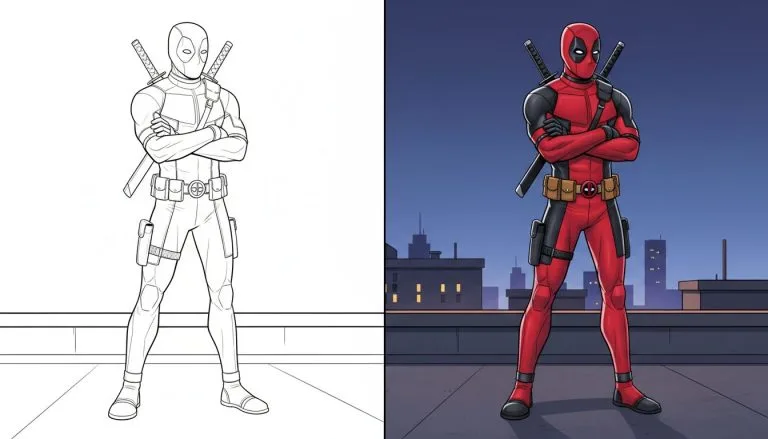 Coloriages de Deadpool 2 Coloriage Deadpool en noir et blanc, pose sur un toit avec des contours épais.