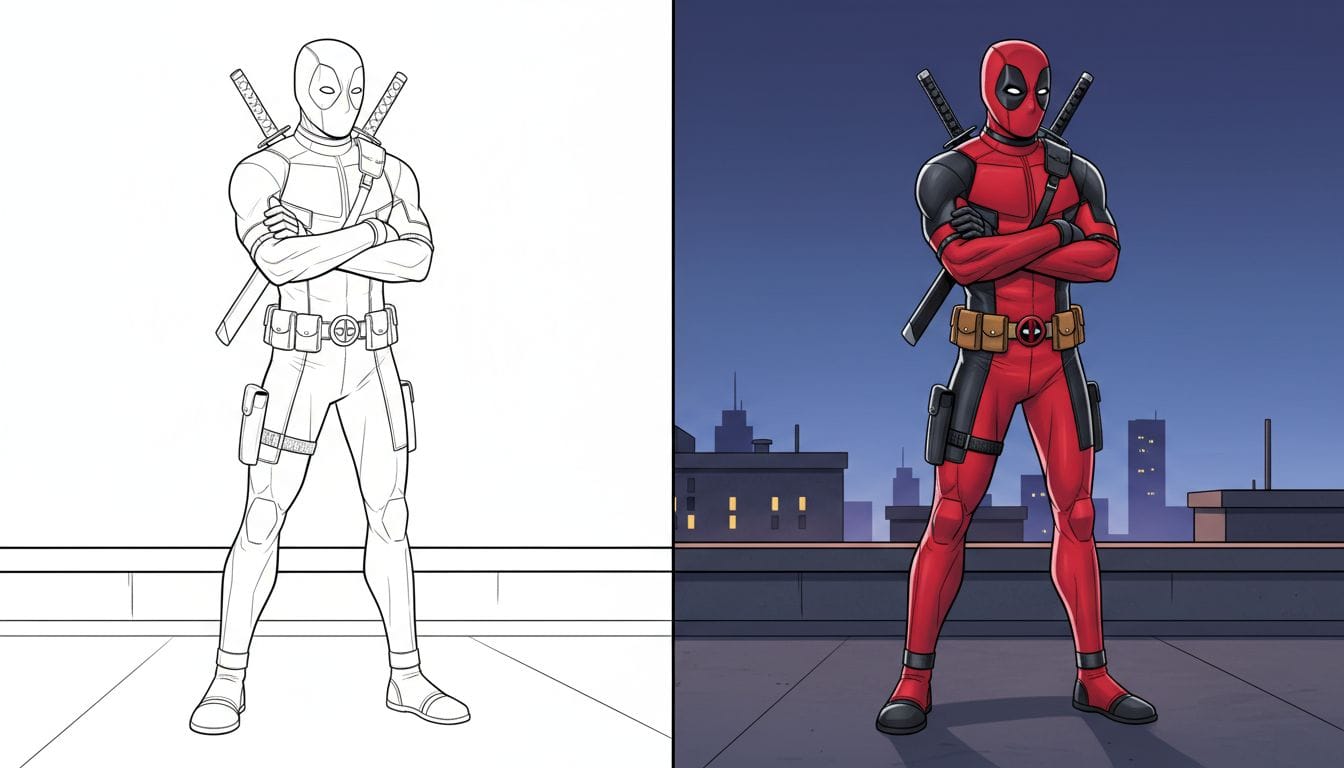 Coloriages de Deadpool 1 Coloriage Deadpool en noir et blanc, pose sur un toit avec des contours épais.