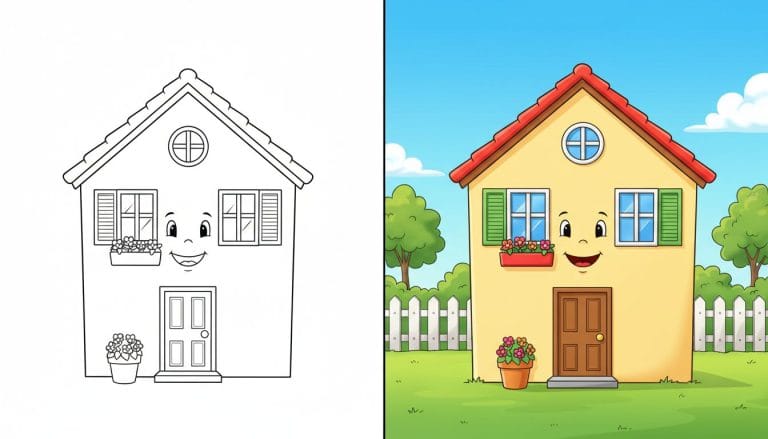 Coloriage maison avec façade souriante, page noir et blanc avec contours épais.