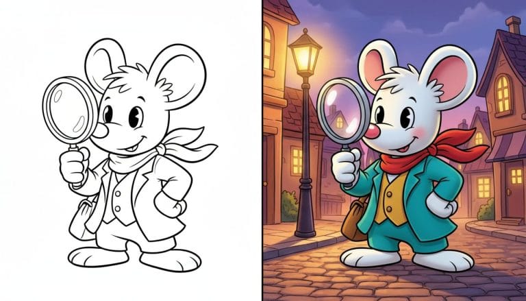 Coloriages de Mystère Diddl en noir et blanc, personnage en pose d'enquêteur avec contours épais.