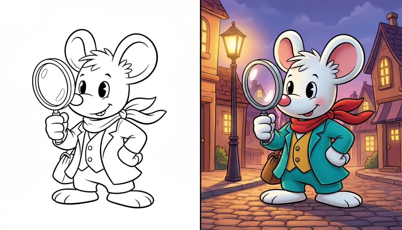 Coloriages de Mystère Diddl 1 Coloriages de Mystère Diddl en noir et blanc, personnage en pose d'enquêteur avec contours épais.