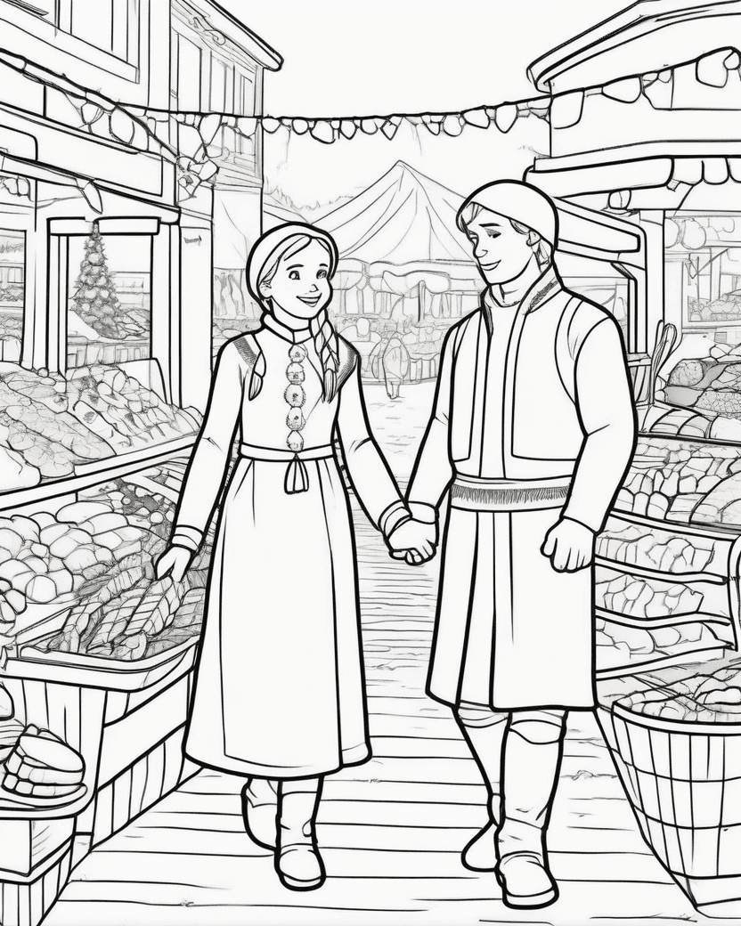 Anna et Kristoff se tenant la main dans un marché hivernal, page de coloriage noir et blanc à contours épais.