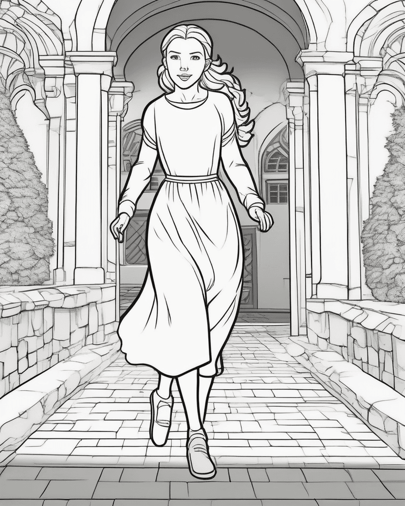 Anna courant dans une cour extérieure royale, page de coloriage en noir et blanc avec contours épais.