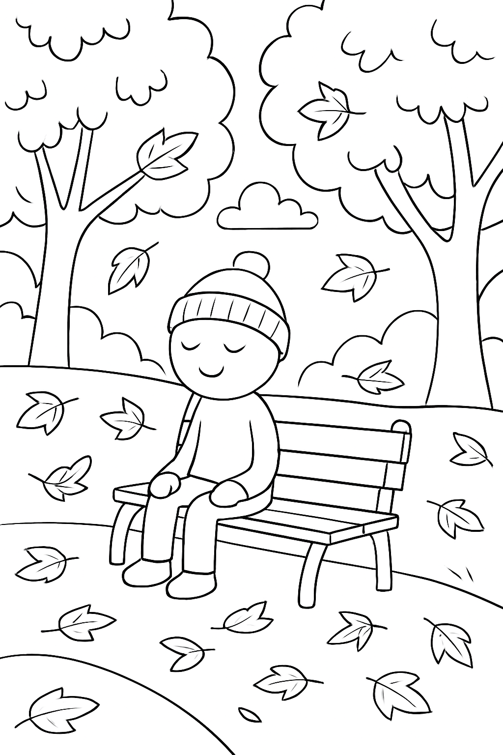Un personnage assis sur un banc dans un parc automnal, page de coloriage noir et blanc avec contours épais.