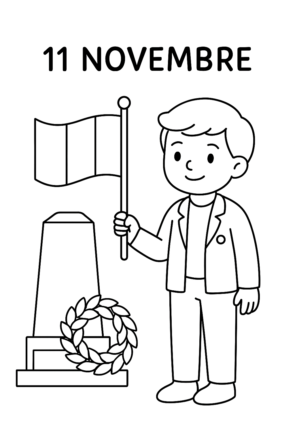 Une cérémonie simple du 11 novembre avec un drapeau, page de coloriage en noir et blanc à contours épais.