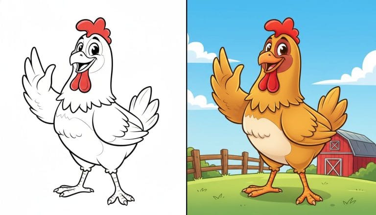 Coloriage de Poule, une poule heureuse saluant, page en noir et blanc avec des contours épais.