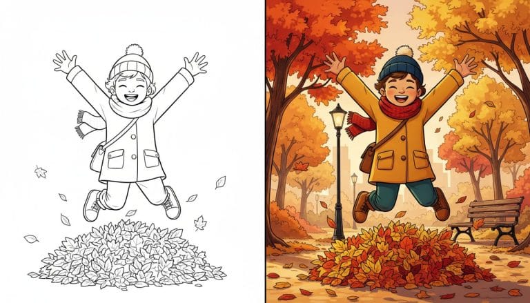 Coloriage de novembre : un enfant joyeux sautant dans une pile de feuilles, contours épais en noir et blanc.
