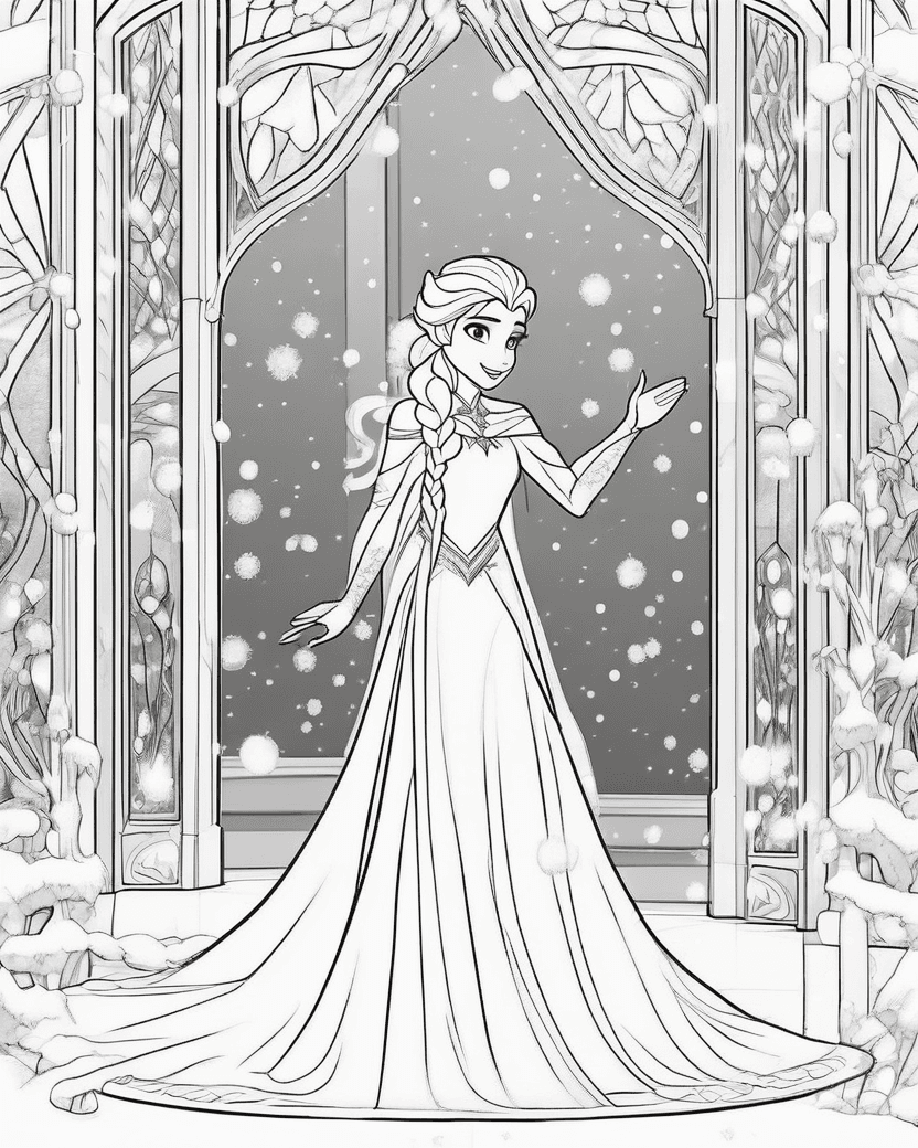 Elsa regardant calmement les flocons, page de coloriage noir et blanc avec contours épais.