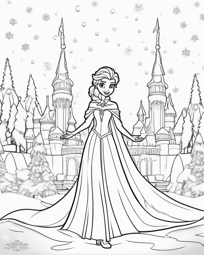 Elsa en pose simple devant un palais de glace, page de coloriage noir et blanc avec contours épais.