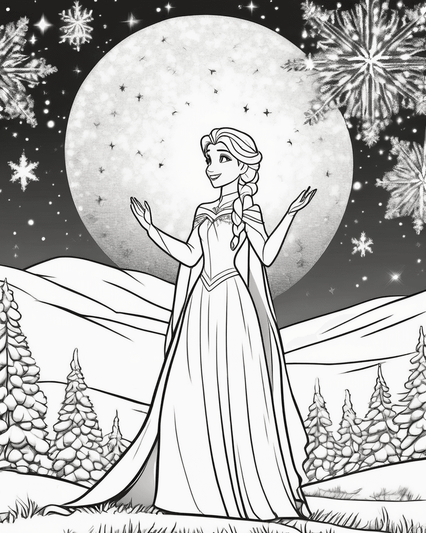 Elsa regardant le ciel étoilé, page de coloriage noir et blanc à contours épais.