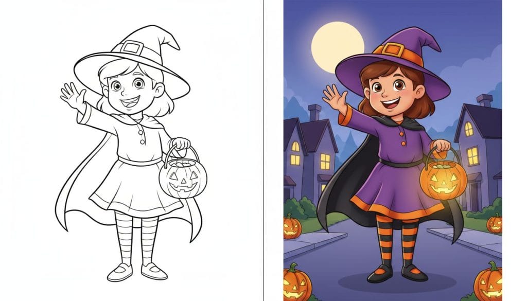 Coloriage Halloween : enfant déguisé en sorcière, souriant, wave avec un seau à bonbons. Noir et blanc, contours épais.