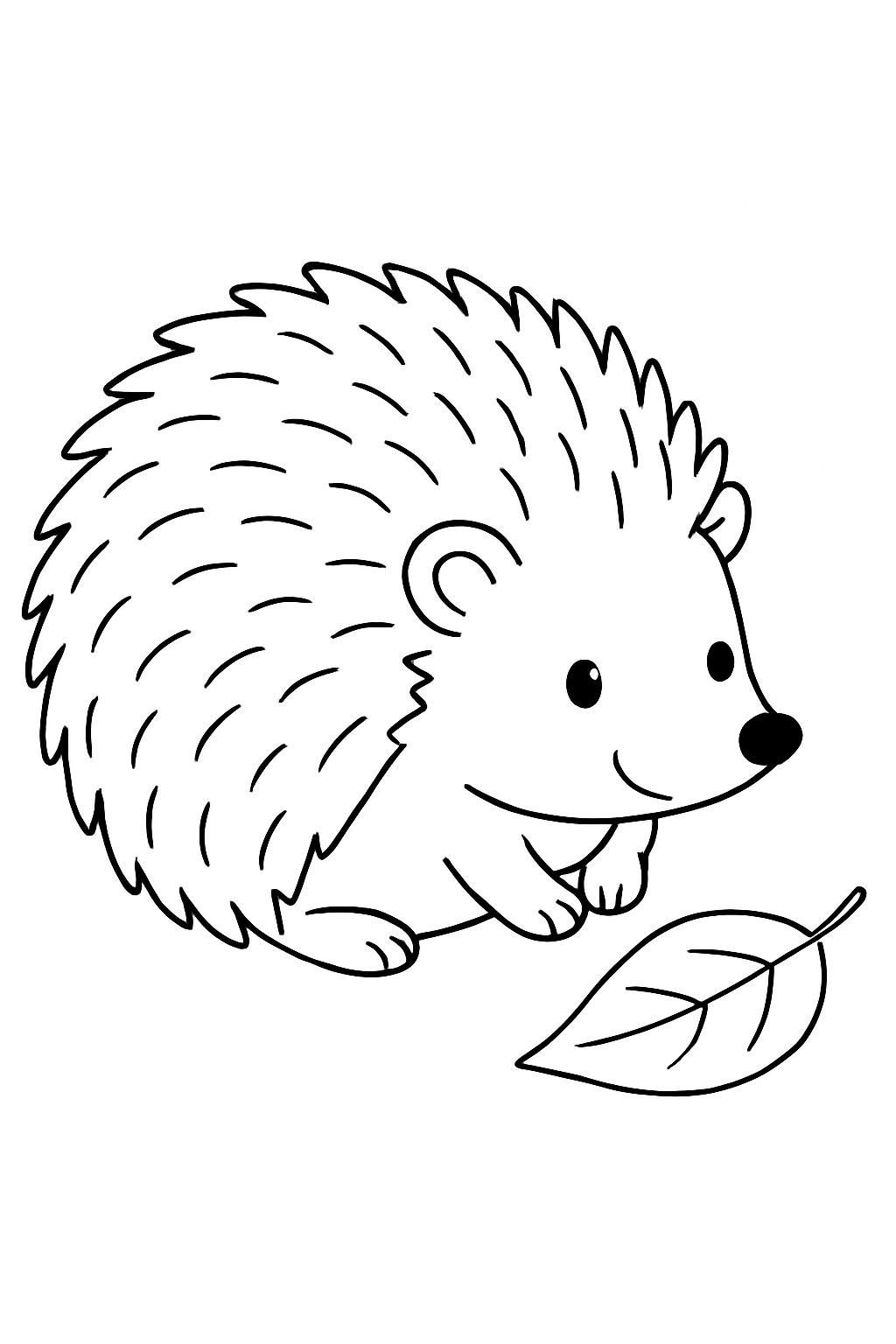 Un hérisson qui roule en boule près d'une feuille, page de coloriage en noir et blanc avec contours épais.