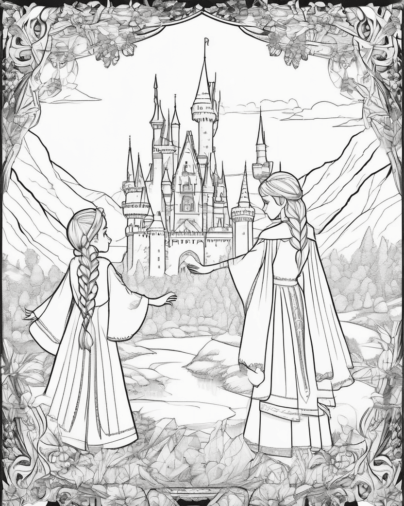 Les soeurs d'Arendelle main dans la main, regardant le royaume givré, page de coloriage noir et blanc à contours épais.