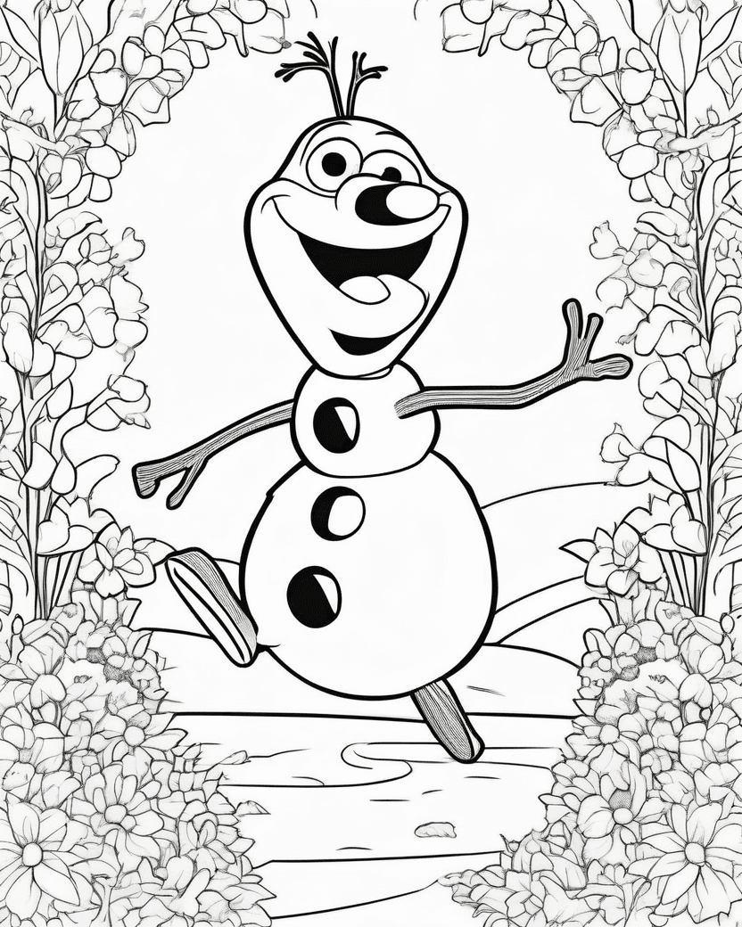 Olaf dansant et riant dans un jardin fleuri, page de coloriage noir et blanc avec contours épais.