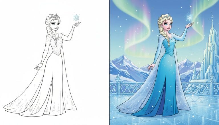 Coloriage reine des neiges 2 Coloriage Reine des neiges d'Élsa, en pose royale, avec un décor simple. Page en noir et blanc avec des contours épais.