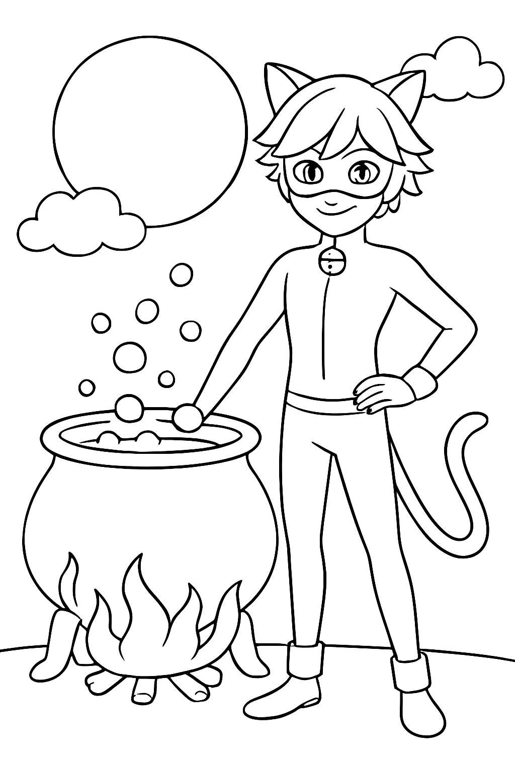 Un chat noir près d'un chaudron bouillonnant sous la lune, page de coloriage noir et blanc avec contours épais.