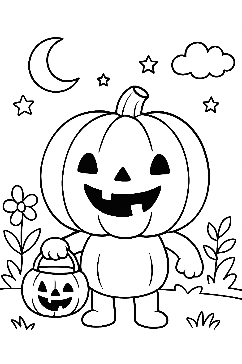 Citrouille souriante tenant un petit seau, jardin nocturne, page de coloriage noir et blanc avec contours épais.