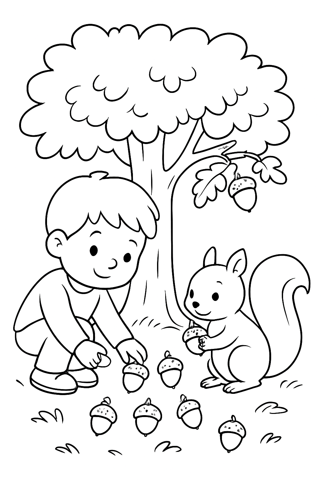 Un enfant et un écureuil ramassent des glands sous un chêne, page de coloriage noir et blanc avec contours épais.