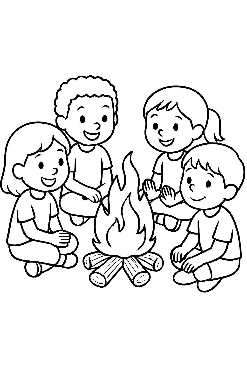 Des enfants réunis autour d'un feu de camp, page de coloriage noir et blanc à contours épais.