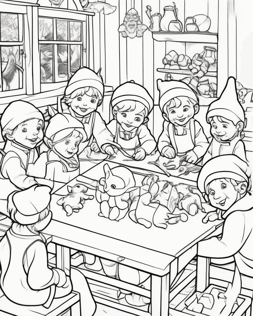 Lutins et elfes fabriquent des jouets, page de coloriage noir et blanc avec contours épais et formes simples.