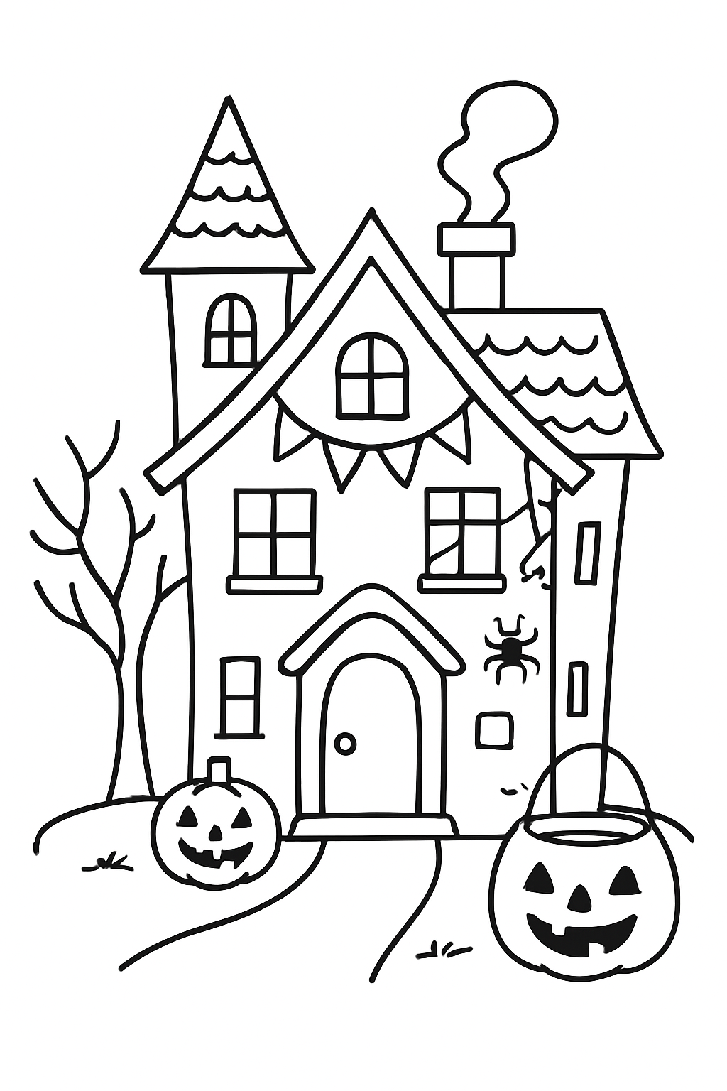 Maison hantée décorée pour Halloween, potiron à côté, page de coloriage noir et blanc avec contours épais.