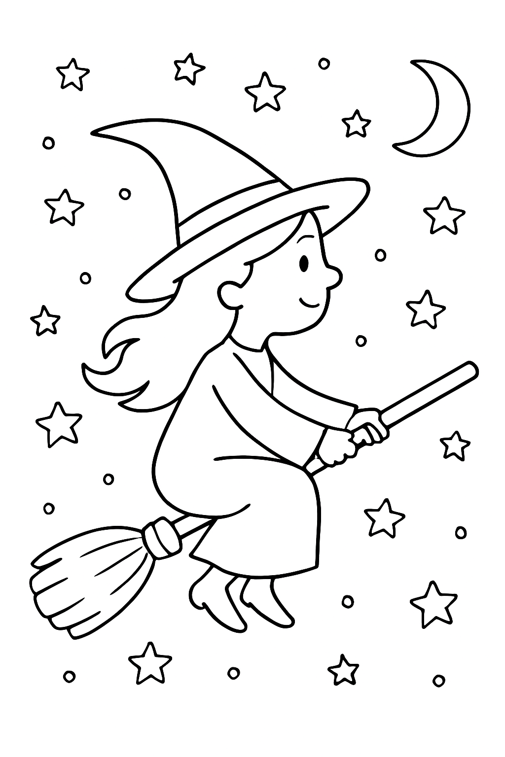 Sorcière volant sur un balai dans le ciel étoilé, page de coloriage noir et blanc avec contours épais.