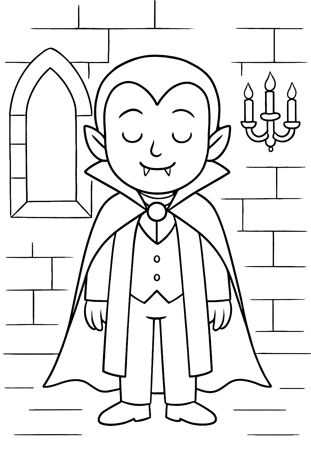 Vampire calme dans un château sombre, prêt à commencer l'histoire, page de coloriage noir et blanc avec contours épais.