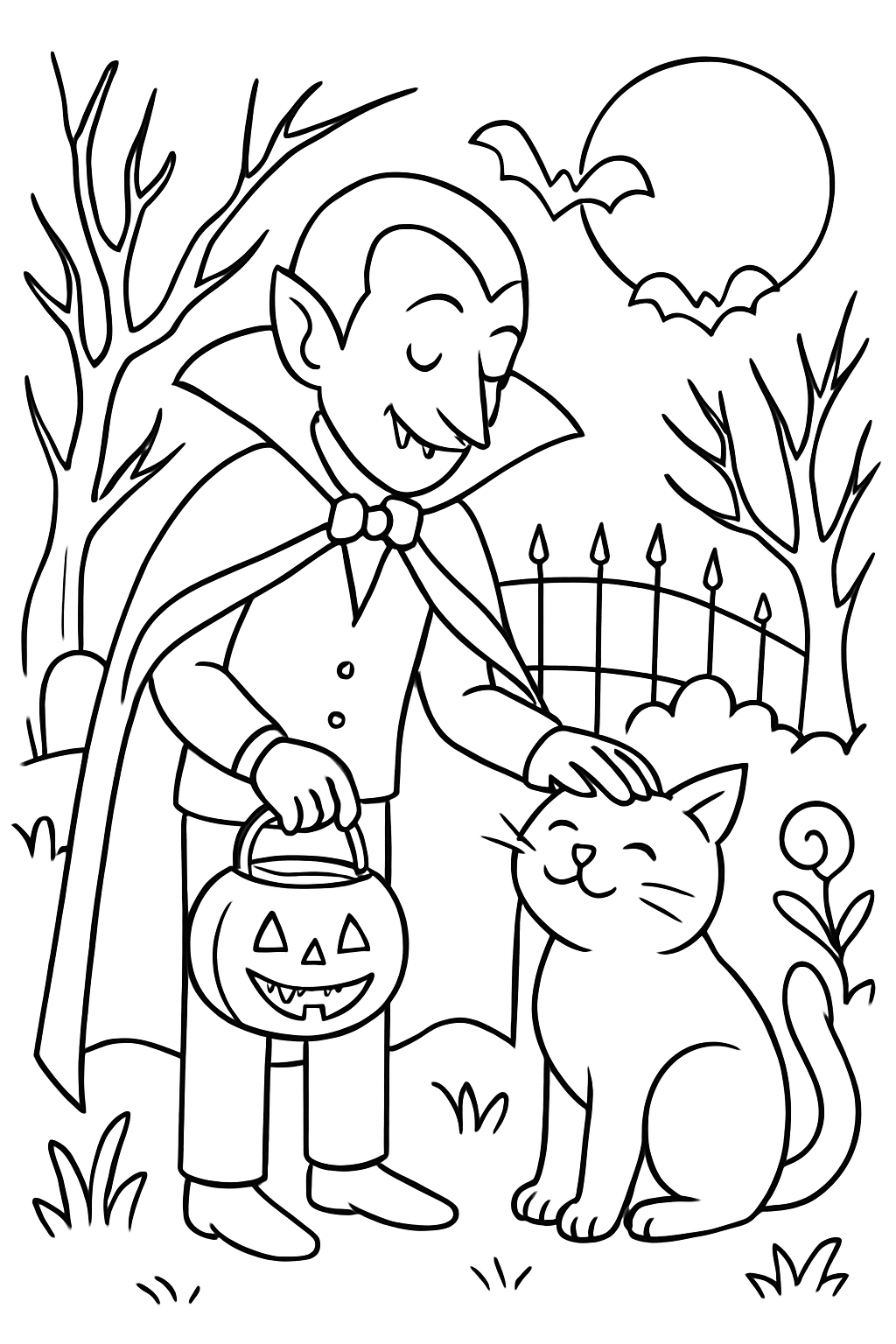 Un vampire caresse un chat dans un jardin hanté, page de coloriage noir et blanc avec contours épais.