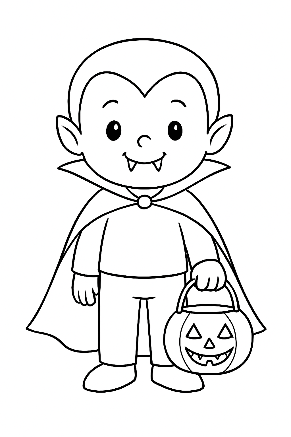 Vampire enfant tenant une citrouille lumineuse, page de coloriage noir et blanc avec contours épais.
