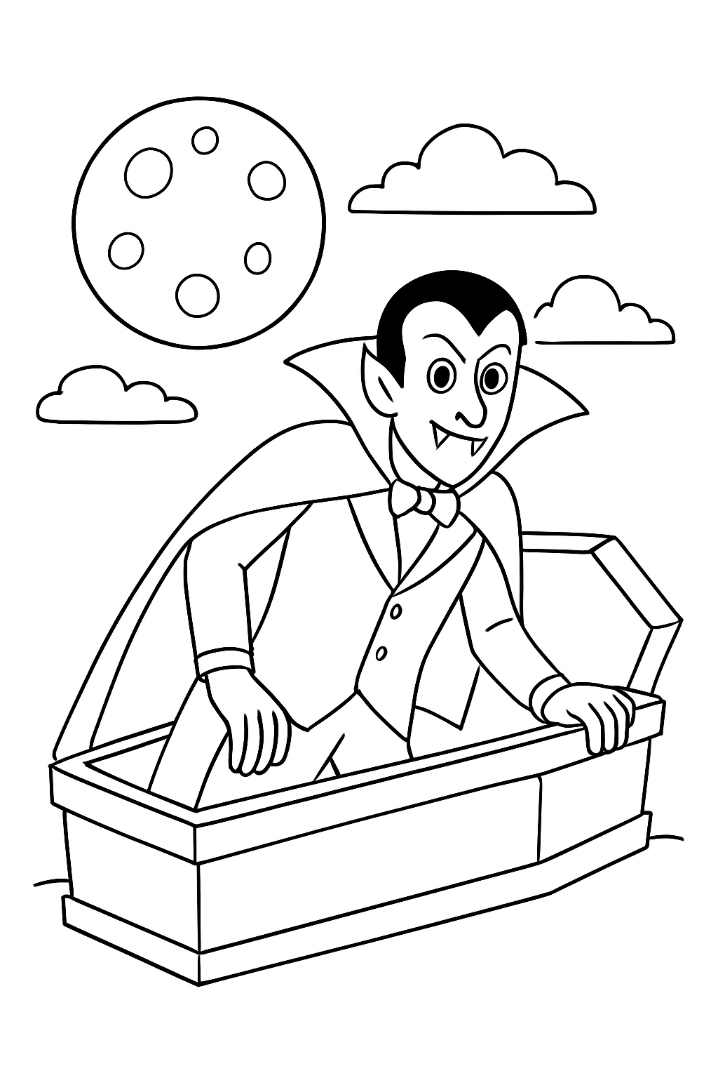 Un vampire émerge lentement de son cercueil sous la pleine lune, page de coloriage noir et blanc avec contours épais.