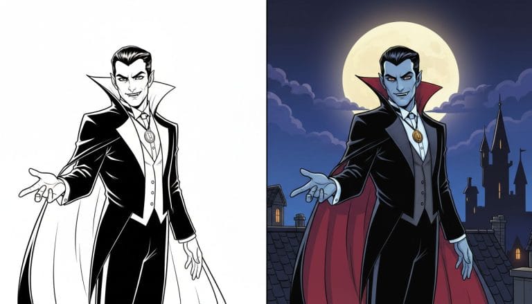 Coloriages de vampire 2 coloriage vampire debout en posture accueillante, avec des contours épais.