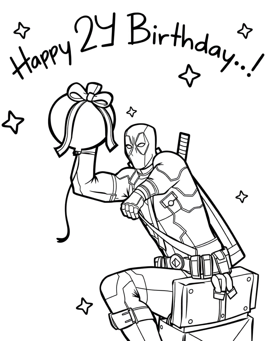 Deadpool célébrant un anniversaire avec un ballon, page de coloriage noir et blanc à contours épais.
