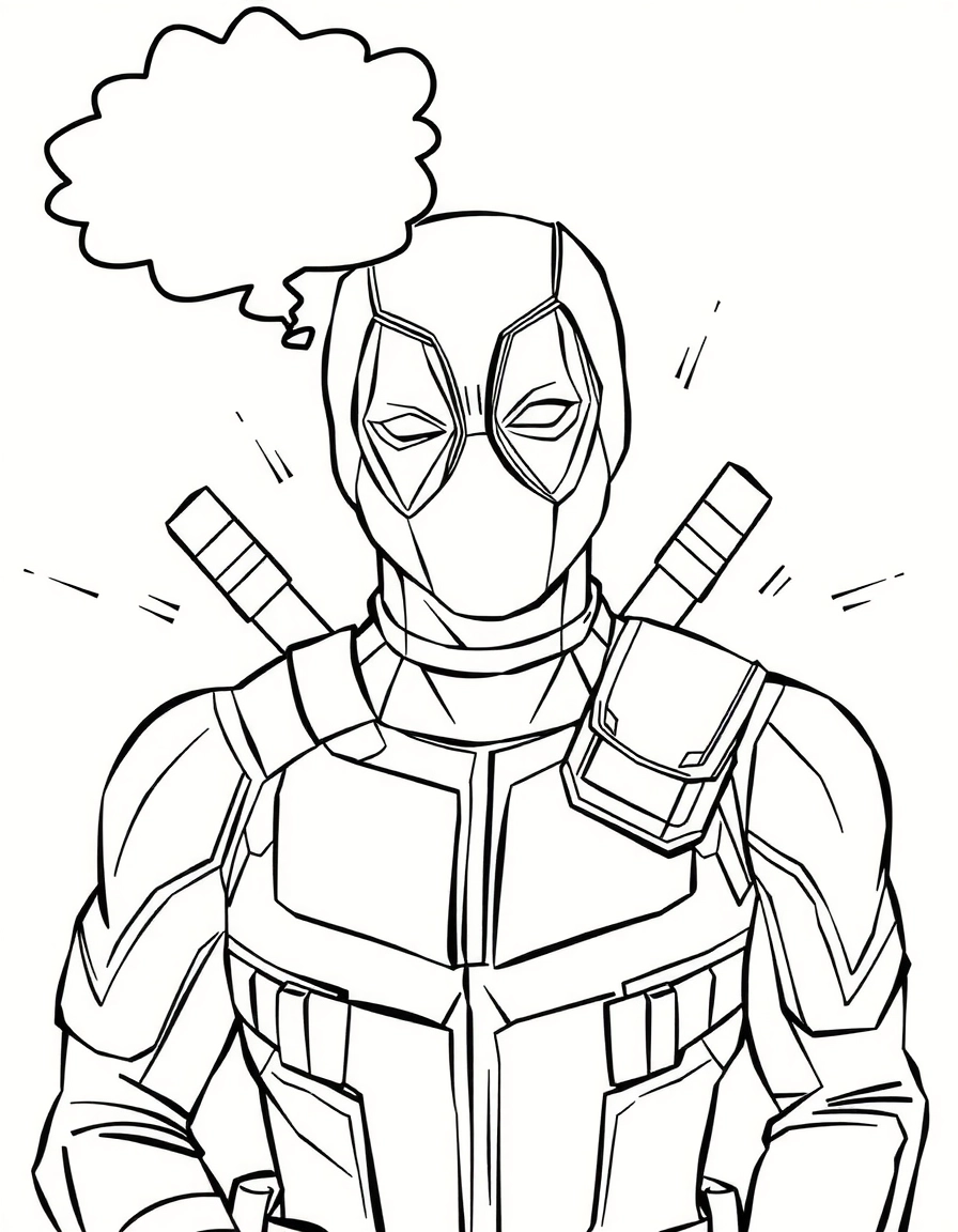 Deadpool avec une bulle de dialogue humoristique, page de coloriage noir et blanc avec contours épais.