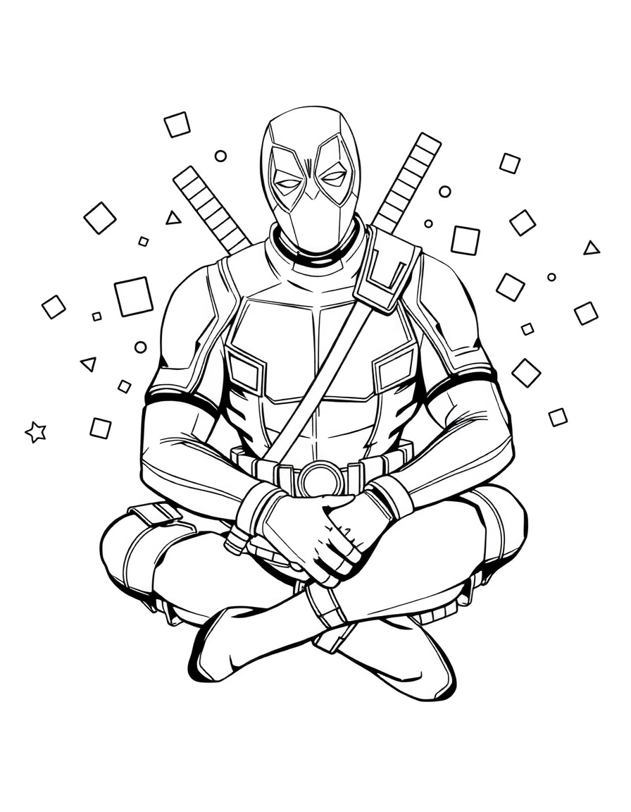 Deadpool assis paisiblement, page de coloriage noir et blanc avec contours épais.
