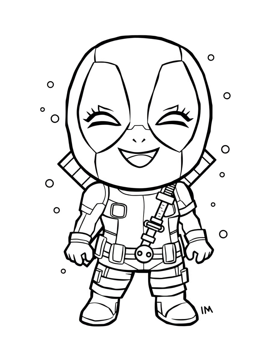 Deadpool en style chibi, debout joyeusement, page de coloriage noir et blanc avec contours épais.