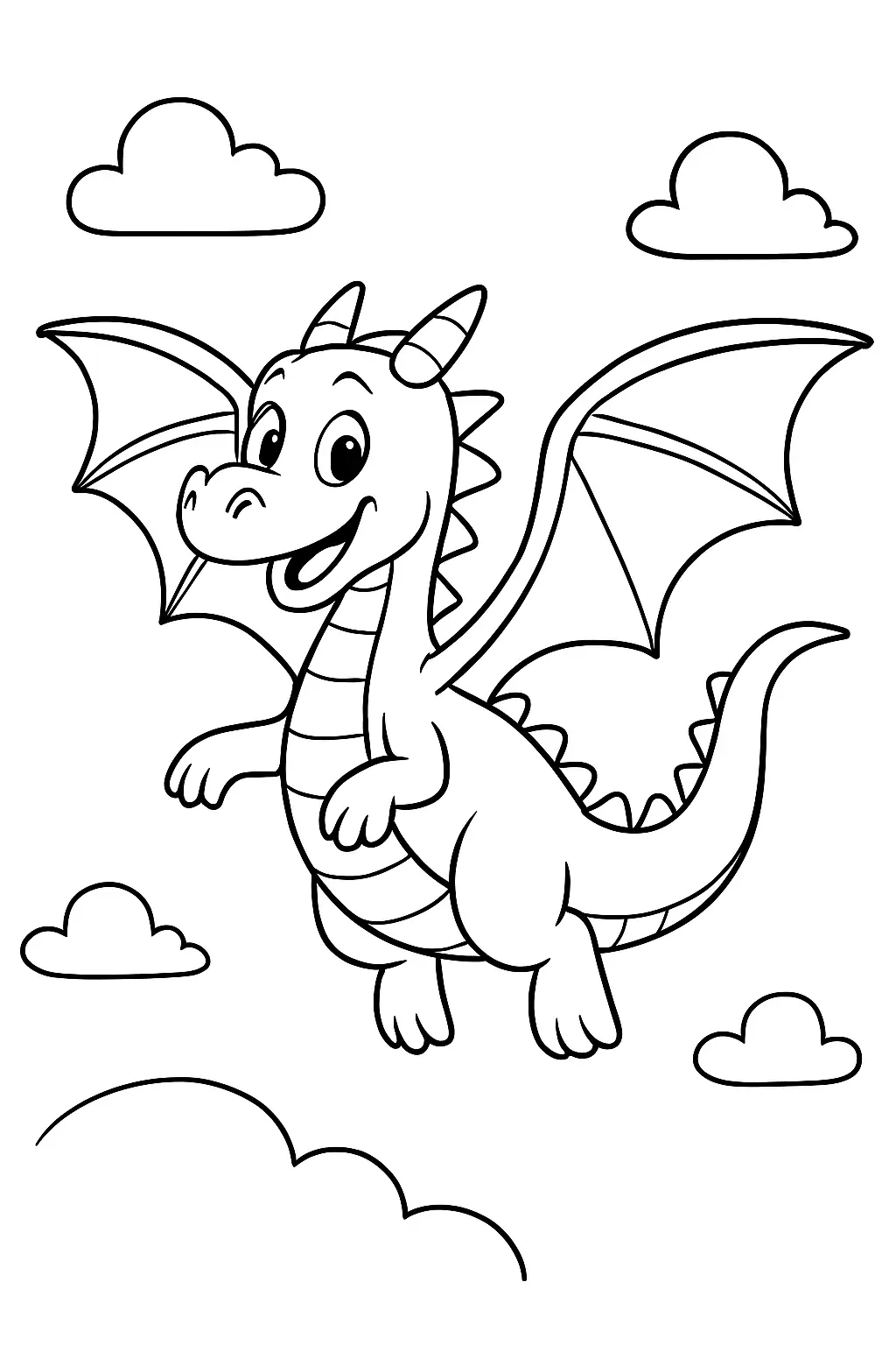 Dragon ailé en vol, ailes déployées, page de coloriage noir et blanc avec contours épais.
