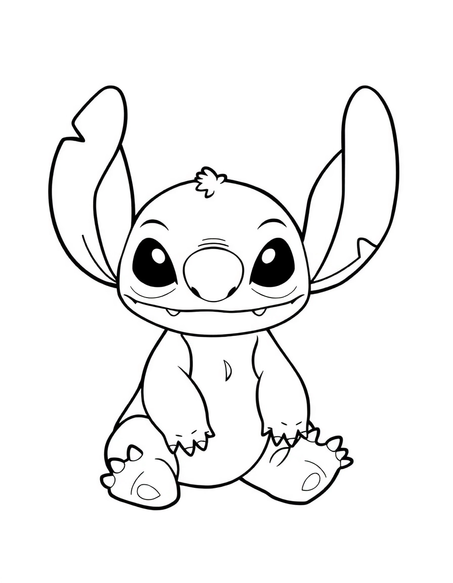 Stitch en pose simple, page de coloriage en noir et blanc avec contours épais.