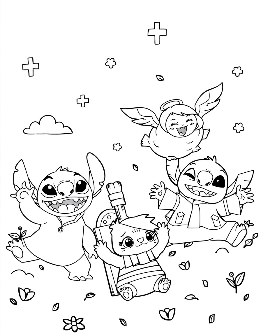 Stitch, Reuben et Angel jouent dans un jardin, page de coloriage noir et blanc avec contours épais.