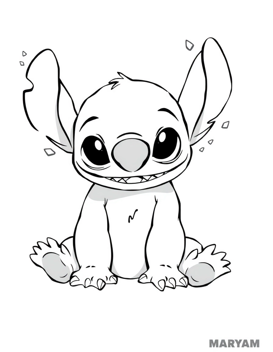 Stitch assis calmement, simple, page de coloriage noir et blanc avec contours épais.