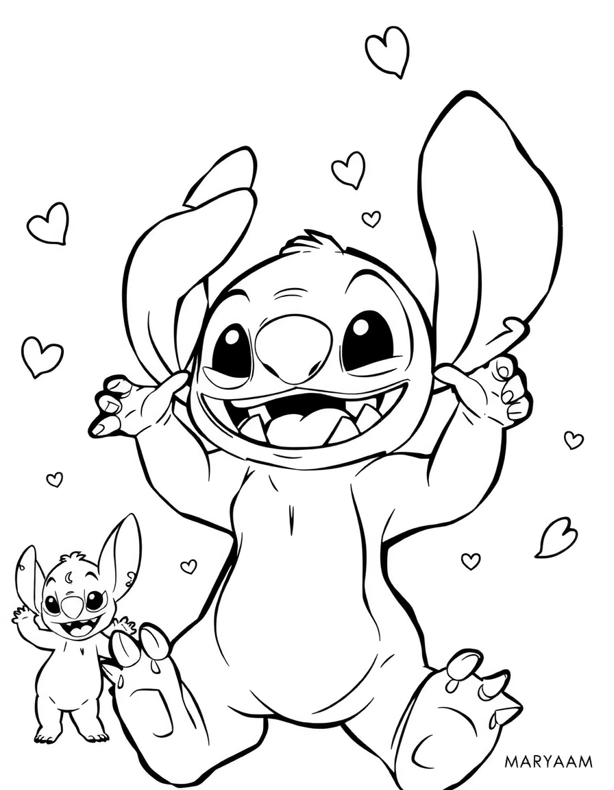 Stitch célébrant joyeusement avec ses amis, page de coloriage noir et blanc avec contours épais.