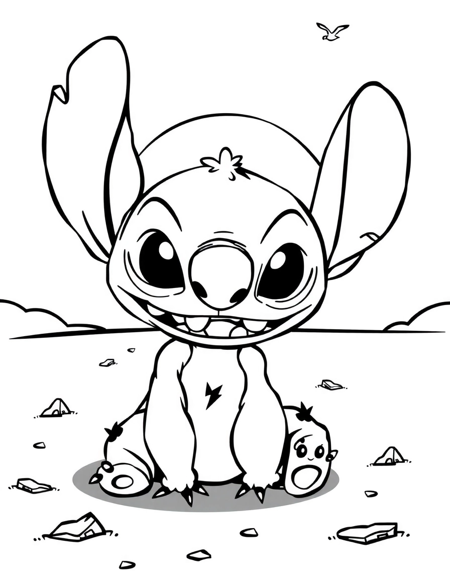 Stitch contemplant le coucher de soleil, page de coloriage noir et blanc avec contours épais.