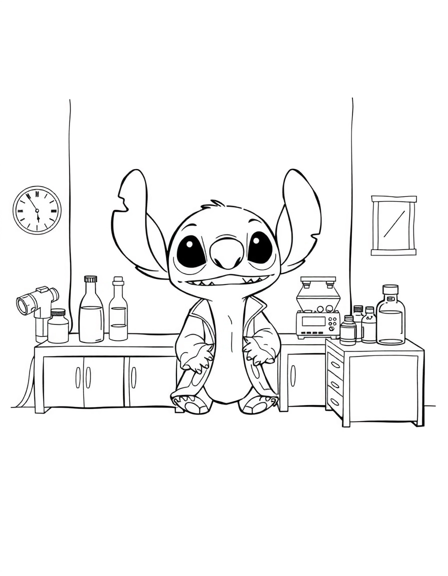 Stitch curieux dans le laboratoire du Docteur Jumba, page de coloriage noir et blanc avec contours épais.