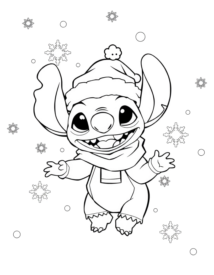 Stitch en bonnet d'hiver, flocons autour, page de coloriage noir et blanc avec contours épais.