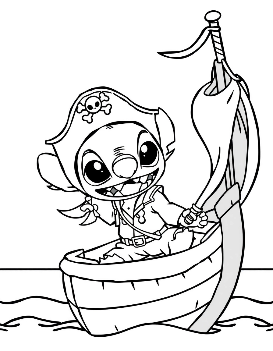 Stitch en pirate à côté d'un coffre au trésor, page de coloriage noir et blanc avec contours épais.